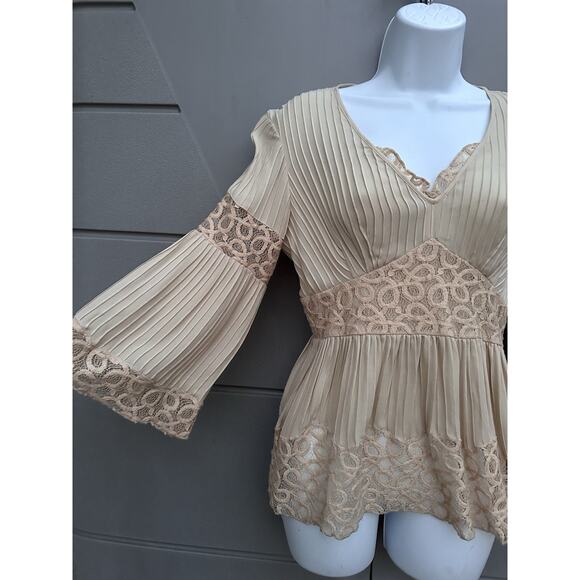Y2K INC Silk Babydoll Blouse Pleated Bell Sleeves Lace Trim Coquette Romantic 2 - Picture 4 of 9
